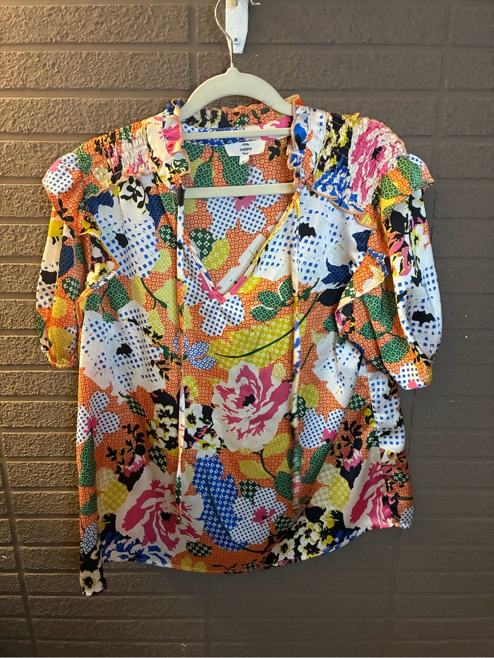 entro Multicolor Floral Tie-Neck Blouse with Smocked Shoulders